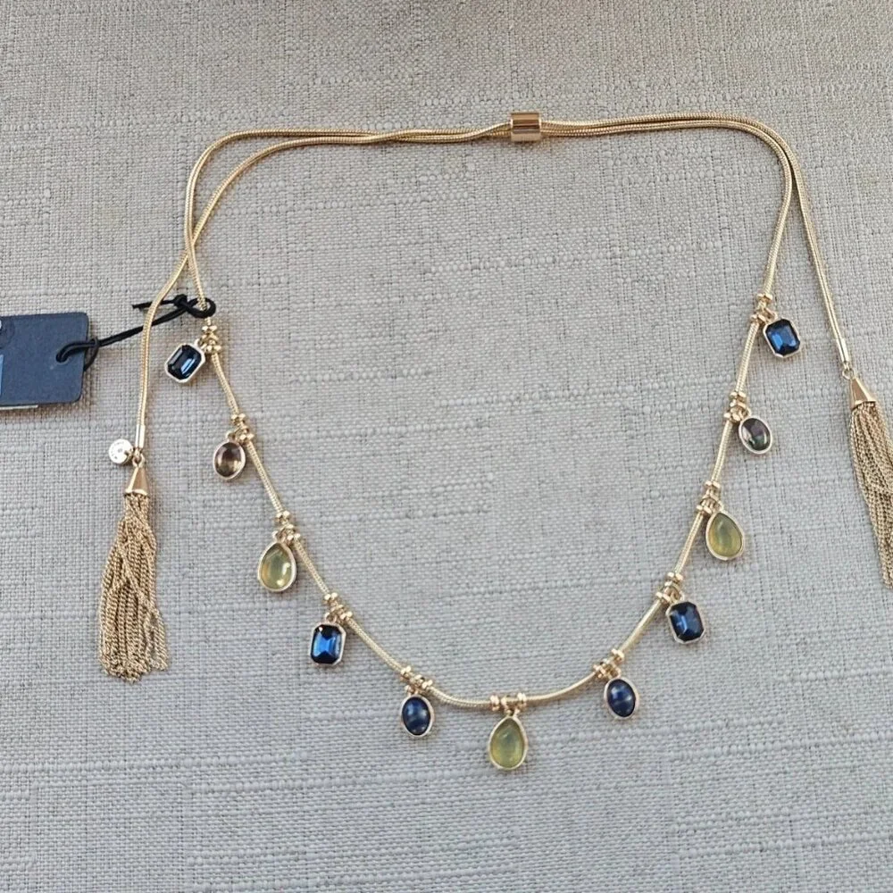 Nordstrom Women Necklace Gold Tone Blue and Yellow Tone Faux Stone Fashion New
